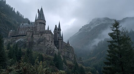 Misty mountain castle view