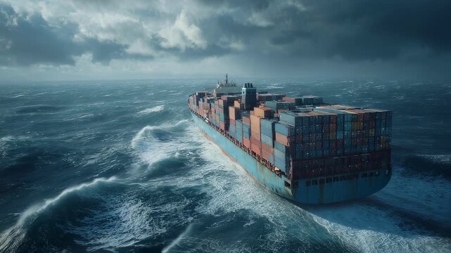 Closeup of a cargo ship at sea with one side heavily laden with containers while the other side is almost bare visually representing the imbalance in trade between two regions.