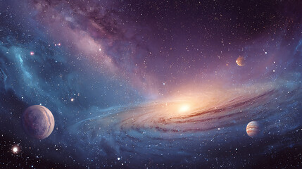 Obraz premium Vast and colorful galaxy with swirling nebula, stars, and planets, representing the beauty and mystery of outer space
