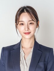Confident Young Woman in Navy Suit with Light Gray Shirt