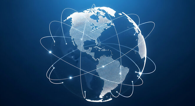 Global network connection represented by a digital globe and dotted lines