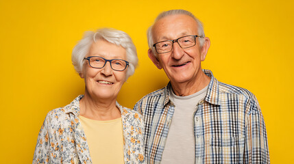 Happy elderly couple smiling together against a bright yellow background, showcasing joy and warmth