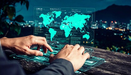 A person's hands interact with a glowing holographic world map and data interface, symbolizing global connectivity and advanced technology in a modern setting.