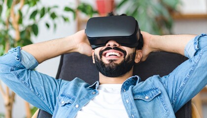 Happy man wearing a virtual reality headset, experiencing an immersive digital world. He is smiling and relaxing with hands behind his head, enjoying modern technology.