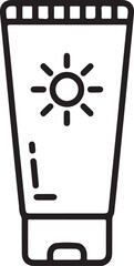 Simple line drawing icon of a sunscreen tube with a sun symbol on it