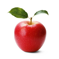 Single whole apple standing upright with a leaf on transparent background