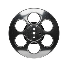 Obraz premium Close up metallic film reel with six circular perforations isolated on transparent background