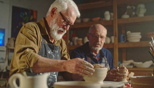 Two senior men focused on shaping clay pots in a vibrant pottery workshop, enjoying a creative hobby and crafting unique ceramic pieces.