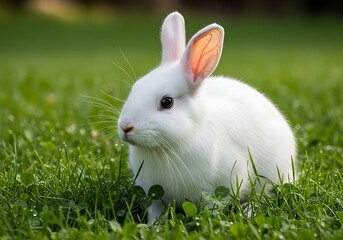 Fototapeta premium Adorable White Bunny in Green Grass with Translucent Ears and Whiskers.