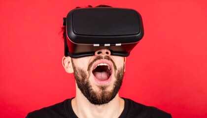 A man wearing a black virtual reality headset with his mouth open in surprise or awe, experiencing an immersive digital world. Isolated on a vibrant red background.