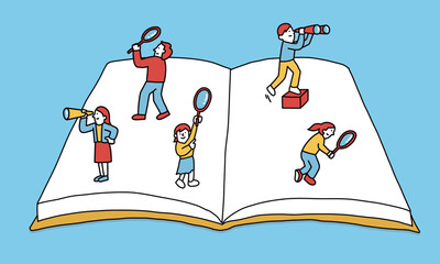 大きな本の上で虫眼鏡・双眼鏡・望遠鏡などを使って情報を探す人々のイラスト