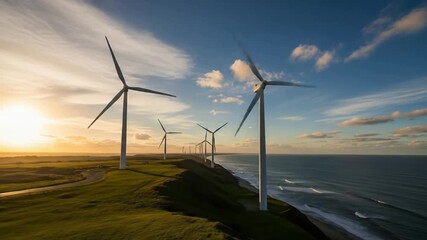 Wind Turbines at Sunset by the Ocean - Renewable Energy Stock Video - Powered by Adobe