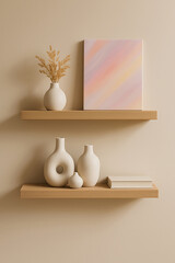 Minimalist Shelf with Ceramic Vases and Pastel Art