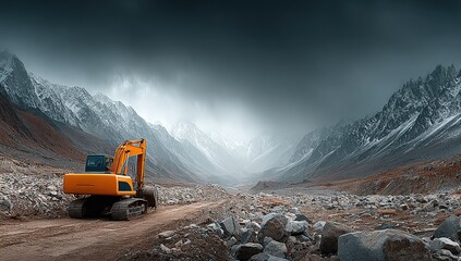 Mountainous landscape with excavator