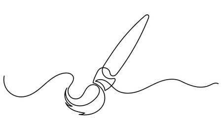 Continuous line drawing of a paintbrush creating a flowing, wavy stroke, symbolizing creativity,art, and free expression through a single line, fluid motion.Paint brush isolated on a white background