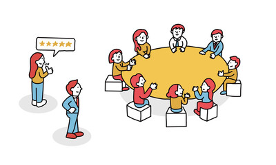 就職活動のグループディスカッションとそれを見て評価する面接官・審査員