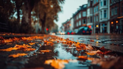 Autumn leaves on wet street in rainy weather with city background  