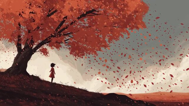 Digital art of girl standing under a large autumn tree with falling leaves  