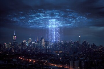 Fototapeta premium Futuristic cityscape at night with a glowing, swirling portal over the skyline