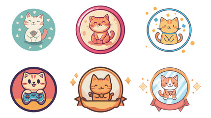 Fototapeta premium A cartoon-style badge resembling a medal with a cute cat pattern, featuring bold outlines, bright colors, and playful design, perfect for children’s awards, pet-themed events, and decorative stickers.