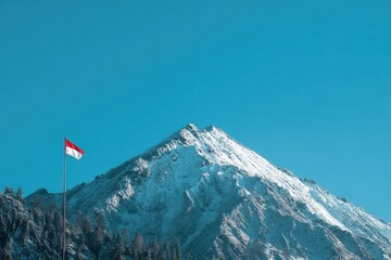 Snowy mountain peak, flag, clear sky, scenic view, travel poster