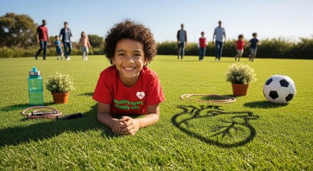 Happy kid promotes healthy heart, active family lifestyle outdoors