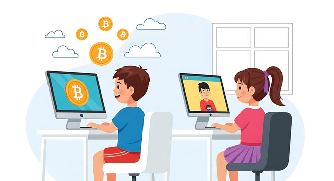 Children learning about bitcoin and cryptocurrency on computers in a classroom setting