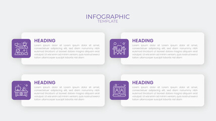 Modern purple and white business infographic template with four icon-based sections, clean layout, and editable text for corporate and presentation use.