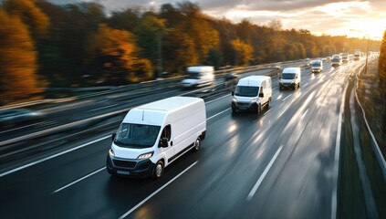 White vans on a highway at sunset