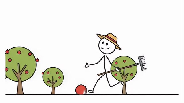 Animated Stick Figure Farmer Joyfully Harvesting Red Fruit in a Lush Orchard with Rake on A Sunny Day Perfect for Farm Themed Project stick,stickman,man,figure,black,white,isolated,symbolize