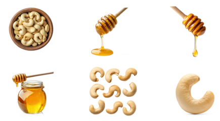 A wooden bowl filled with cashew nuts and a honey dipper with honey dripping from it.