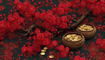 Red blossoms and gold coins on dark background