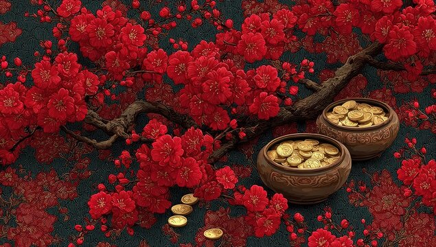 Red blossoms and gold coins on dark background