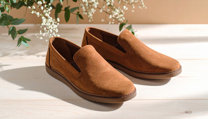 Brown or tan slip-on shoes made of suede or canvas, placed on a clean beige or light wood background. Soft shadows, warm lighting, emphasis on texture and craftsmanship.