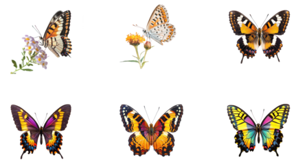 Six colorful butterflies with intricate patterns on their wings against a transparent background