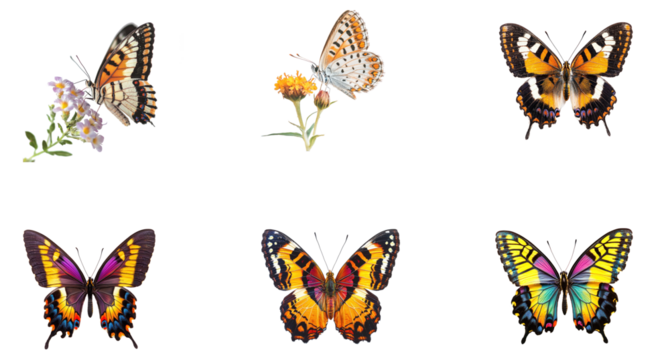 Six colorful butterflies with intricate patterns on their wings against a transparent background - Powered by Adobe