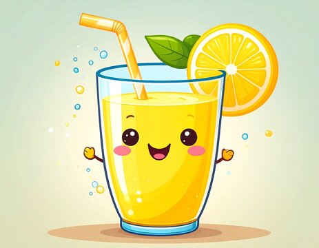 Happy cartoon lemonade glass with straw and lemon slice