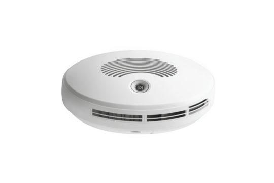 High resolution smoke detector, fire safety device, home protection system, alarm equipment, round shape, white color, png file, isolated on transparent background