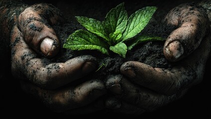 Obraz premium Hands holding a seedling in rich soil