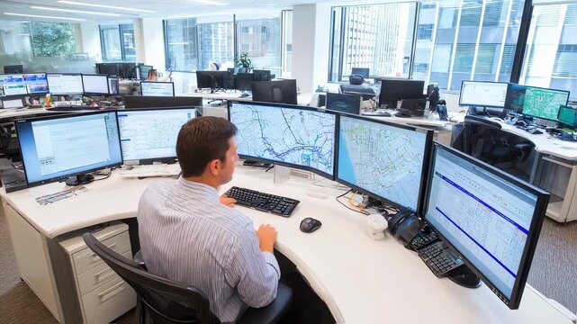 Litigation office interior featuring a forensic accountant using advanced software tools to map out suspicious monetary flows and construct comprehensive audit trails.