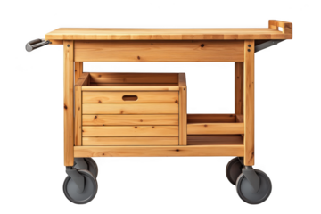 Wooden kitchen island cart with wheels, rolling serving cart, wood utility cart, mobile kitchen storage, kitchen trolley, furniture isolated on transparent background