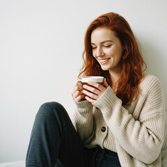 Young Woman Holding A Cup Of Tea And Smiling, Cozy Clothing, White Background