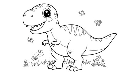 Tyrannosaurus Rex coloring page on white background, cute dinosaur line art for kids
