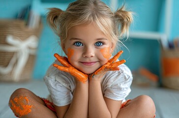 A cute little girl with paint on her hands smiles while sitting in the room, holding out one of her painted palms to show it off, which is covered with brown and orange colors
