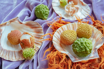Colorful tropical fruits arranged elegantly on shells