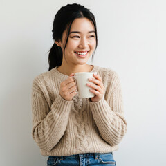 Young Woman Holding A Cup Of Tea And Smiling, Cozy Clothing, White Background
