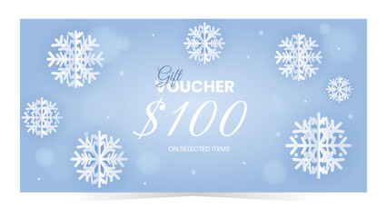 Winter gift voucher template with white snowflakes and blue background. Discount coupon with seasonal layout for product discount, promo. Vector illustration