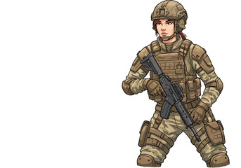 Female soldier in tactical gear holding a rifle, ready for action