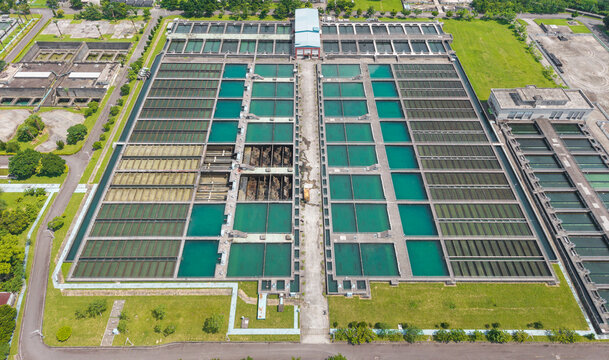 Water Treatment Plant Aerial View with Filtration Pools