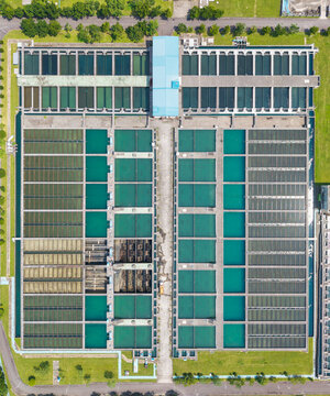 Water Treatment Plant Aerial View with Filtration Pools